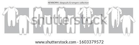 NEWBORN’s sleepsuits & rompers collection basic set of technical sketches for babys