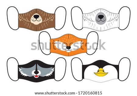 Set of designs of reusable mouth kids funny masks with woodland animals faces in vector