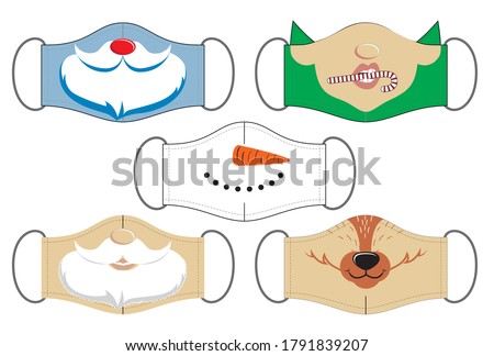 Set of funny reusable mouth masks of santa, elf, snowman and deer in vector. Design for Christmas.