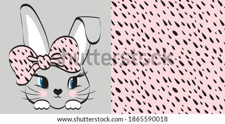 Cute bunny with big pink bow.Smears in the form of a drop on a pink background seamless pattern. Vector illustration. Set prints for kids clothes.