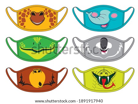Set of designs reusable mouth kids funny masks with giraffe, elephant, koala, frog, monkey and snake faces in vector