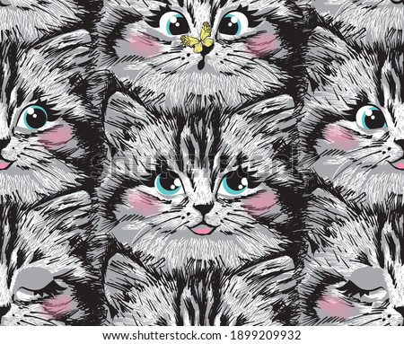 Cute furry kitten face seamless pattern. Vector illustration.