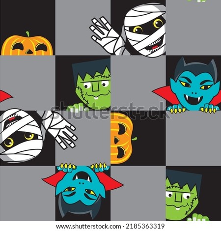 Vampire, zombie, mummy and pumpkin looks out of the square. Halloween seamless pattern illustration.