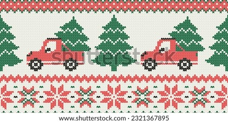 Knitting car red off-road vehicle with Christmas tree and snow ornament. Seamless pattern. Vector illustration.