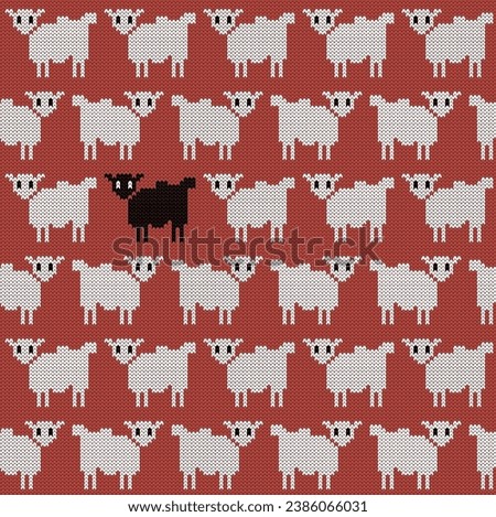 Knitting sweater seamless pattern with white sheeps and one black on red backround. Vector illustration.
