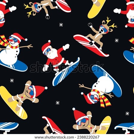 Santa Claus, Snowman, Gingerbread and Christmas reindeer snowboarding in ski goggles and Santa Claus hat. Seamless pattern. Vector illustration.