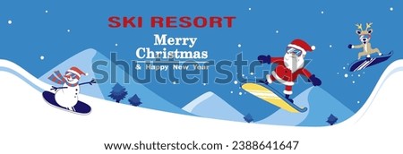 Santa Claus, Snowman and Reindeer snowboarding on ski resort. Banner vector illustration