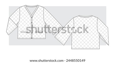 Quilted lightweight jacket with v-neck technical sketch. Vector illustration.