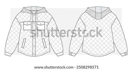 Quilted Oversize jacket with terry melange hood. Technical scketch. Vector illustration.