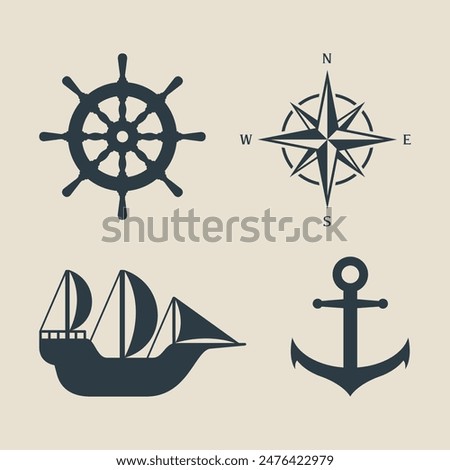 vector ship, compass, rudder, anchor. symbol, icon, sign