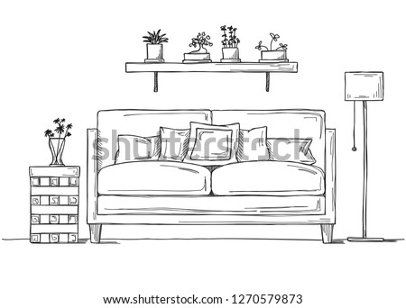 Interior in sketch style. Sofa, bedside table, floor lamp and shelf with plants. Vector