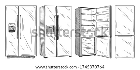 Set refrigerators isolated on white background. Vector illustration of a sketch style.