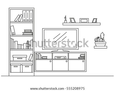  Linear sketch of the interior. Bookcase, dresser with TV and shelves. Vector illustration