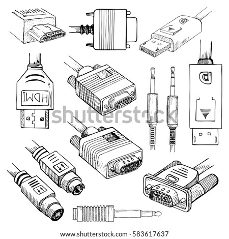 Media cables set: HDMI, VGA, DVI, DisplayPort, S-Video, Audio Jack in sketch style. Vector illustration