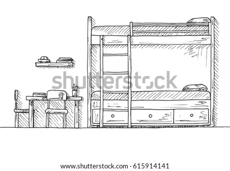 Children's room. Children's furniture. Bunk bed, table and two chairs. Hand drawn vector illustration of a sketch style.