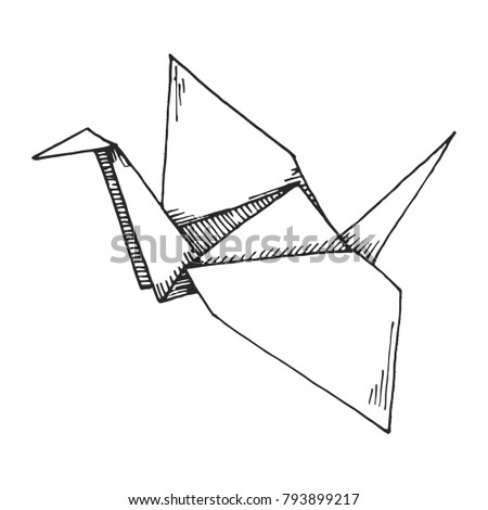 Sketch of origami crane isolated on white background. Vector illustration