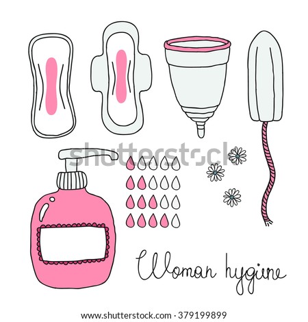 doodle icons. Feminine hygiene (sanitary napkin, tampon, menstrual cup, soap for intimate hygiene). vector illustration