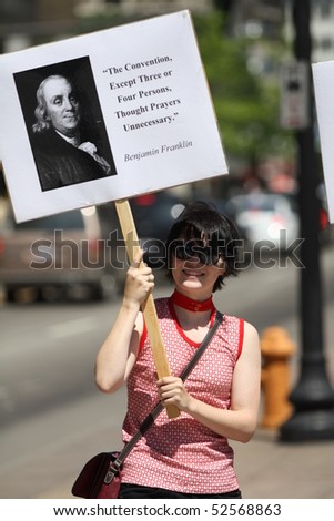 COLUMBUS, OH - MAY 6: Protestor at Ohio National Day of Prayer Observance at Ohio Statehouse May 6, 2019 in Columbus, OH.