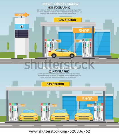 Gas filling station Vector flat illustration oil service with shop infographics elements and background set