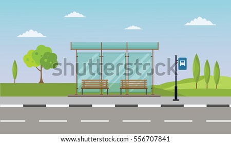 Bus stop cityscape flat vector illustration background set