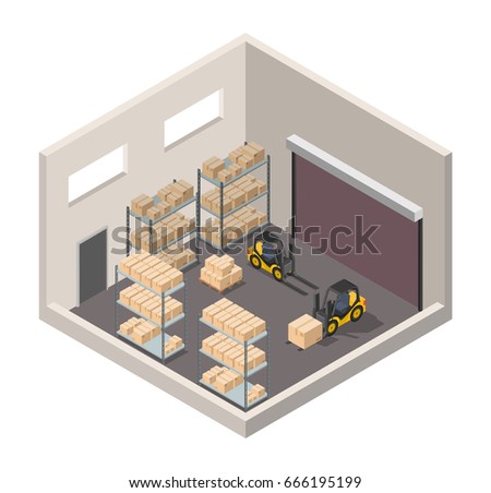 Isometric warehouse interior of storage vector set with shipping delivery, roof and lamps flat illustration Logistic concept export truck infographics