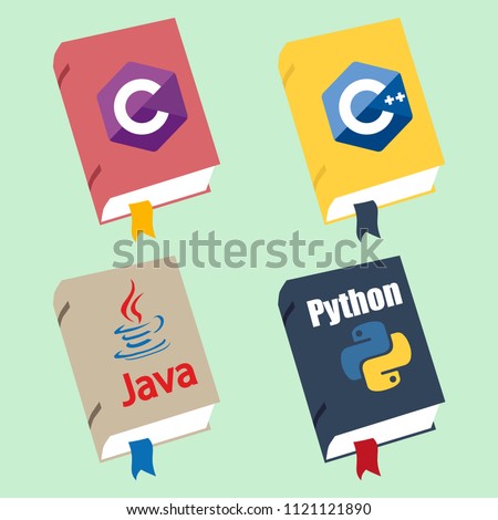 Icon of books about programming. A book on the Python, Java, C++, C# programming language.