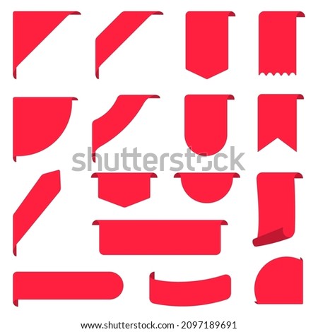 Red ribbons, labes and tags, banners and bookmark vector set. Ribbon  various shape blank price tags, web sale labels and web banners template hanging, sticking out and corner.