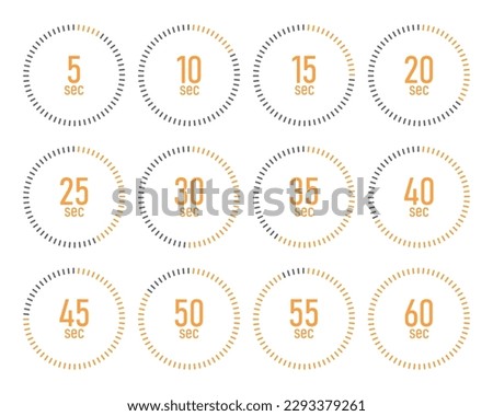 Timer, stopwatch icons set 10 20 30 40 50 60 minutes. Cooking time. Vector illustration.