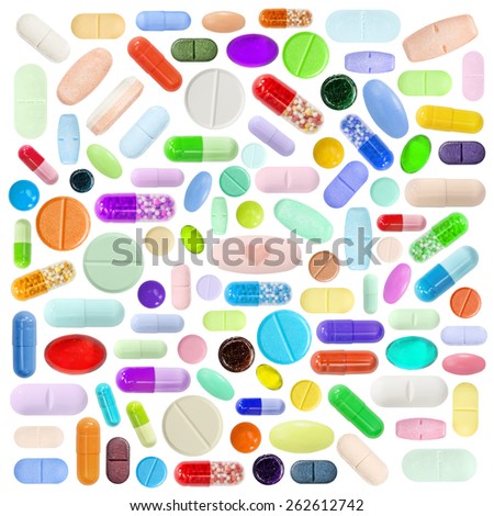 Bright multi-colored drugs, medical pill tablet of different color of a different form  isolated on the white