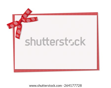 red note card, with red with spirals ribbon bow isolated on white background
