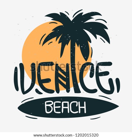 Venice Beach Los Angeles California Palm Tree  Label Sign  Logo Hand Drawn Lettering Modern Calligraphy for t shirt or sticker Vector Image Imagine de stoc © 