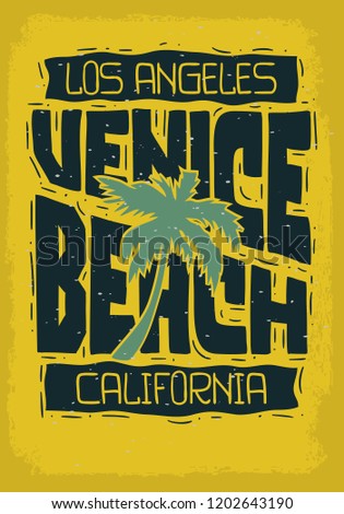 Venice Beach Los Angeles California Vintage Influenced Retro View Design  Hand Drawn Lettering Type Typographic Treatment for t shirt or poster Vector Image Imagine de stoc © 