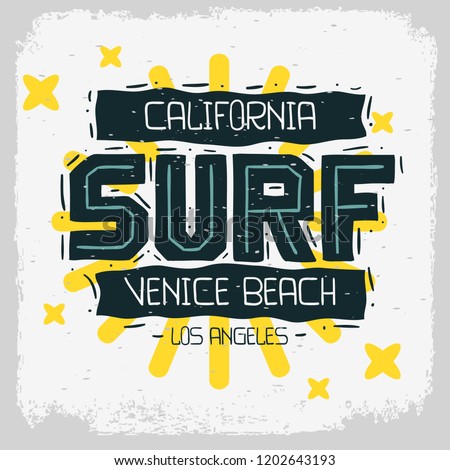 Surf Venice Beach Los Angeles California  Design  Hand Drawn Lettering for t shirt or sticker Vector Image Imagine de stoc © 