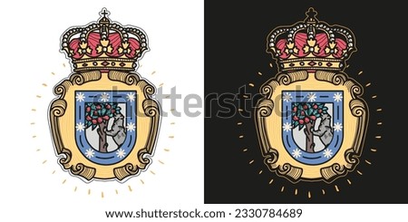 Madrid City Spain Hand Drawn Coat of Arms Design in Traditional Tattoo Aesthetic, Illustration of The Statue of the Bear and the Strawberry Tree, Heraldic Symbol, Vector Graphics.