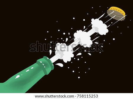 Opening Of Bottle Of Beer With Taking The Cap Off And Making Splash.  Dynamic Illustration. Vector Graphic.