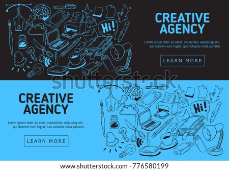 Creative Agency Office Website  Banner Design With  Artistic Hand Drawn Sketchy Line Art Drawings Illustrations  Of Essential Related Objects Of Every Day Working Things And Tools. Vector Graphic.