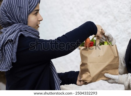 Similar – Image, Stock Photo Female volunteer delivering bags with shopping to elderly woman during coronavirus pandemic