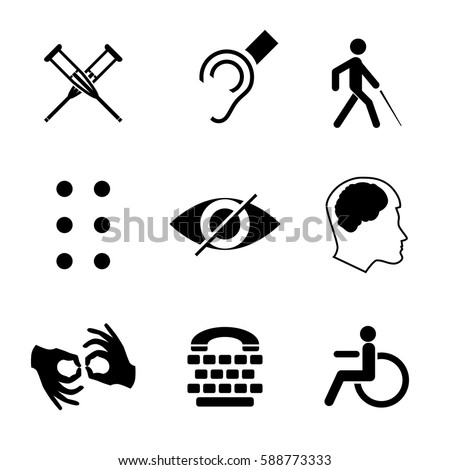 Vector disabled signs with deaf, mute, blind, braille font, mental disease, low vision, wheelchair icons. Collection of mandatory signs for public places and web design