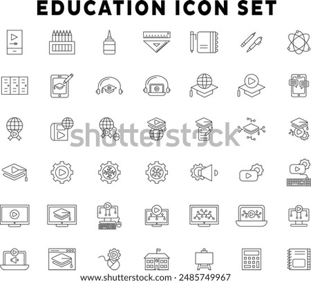 Most useful 42 Education and E-Learning line vector icons set. Education, Back to school, Learning editable stroke icons for your own needs. Online education elements - minimal thin line web icon set.