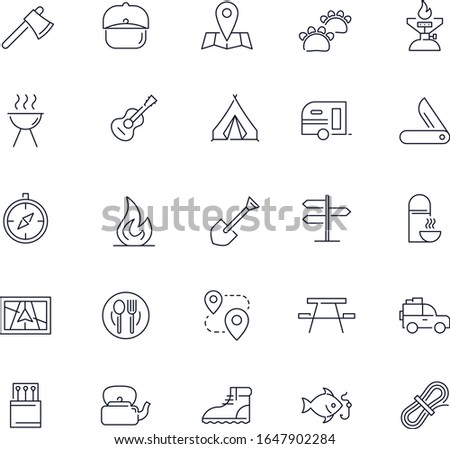 Line icons set. Camping pack. Vector illustration