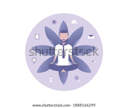 A man meditate and thinking about work. Make decision and take solution. Vector illustration for telework, remote working and freelancing, business, start up, social media and blog