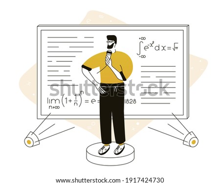  A man speaking at a science and education forum or seminar, training session or lecture. Vector illustration for telework, remote working and freelancing concept, business, start up.