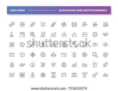 15. Set of 60 line icons. Blockchain and cryptocurrency collection. Vector illustration with elements for crypto technology for fiat money, bitcoin, altcoin, ico