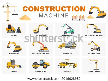 Set Construction Machine of Real Estate Vector illustration. There Are Various Types Of Truck, Heavy Equipment Car, Road Signs And Machinery 商業照片 © 