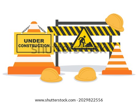 Under Construction With Symbol Worker Hold Stop or Road Sign, Tape Warning, Cone, Site Barrier. Background Vector Flat Cartoon Illustration