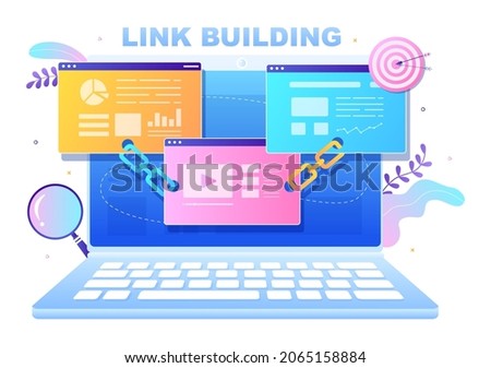 SEO Link Building as Search Engine Optimization, Marketing and Digital for Home Page Development or Mobile Applications Vector Illustration
