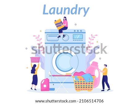 Laundry with Wash and Drying Machines in Flat Background Illustration. Dirty Cloth Lying in Basket and Women are Washing Clothes for Banner or Poster