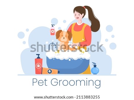 Pet Grooming for Dogs and Cats in Flat Cartoon Hand drawn Background Illustration. The Main Tools Which are used in Beauty Salon for Poster or Banner
