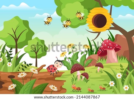 Beautiful Garden Cartoon Background Illustration With Scenery Nature of Plants, Various Animals, Flowers, Tree and Green Grass in Flat Design Style