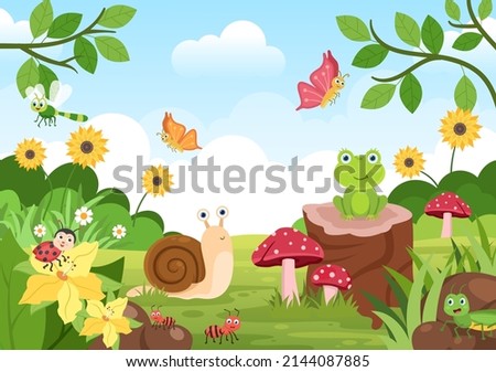Beautiful Garden Cartoon Background Illustration With Scenery Nature of Plants, Various Animals, Flowers, Tree and Green Grass in Flat Design Style